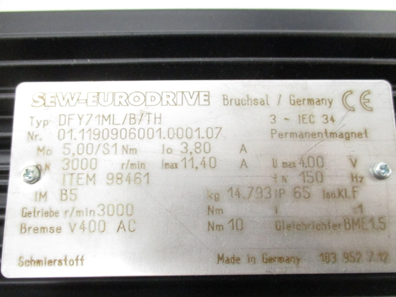 SEW-EURODRIVE DFY71ML/B/TH 400VAC 11.40A NSNP