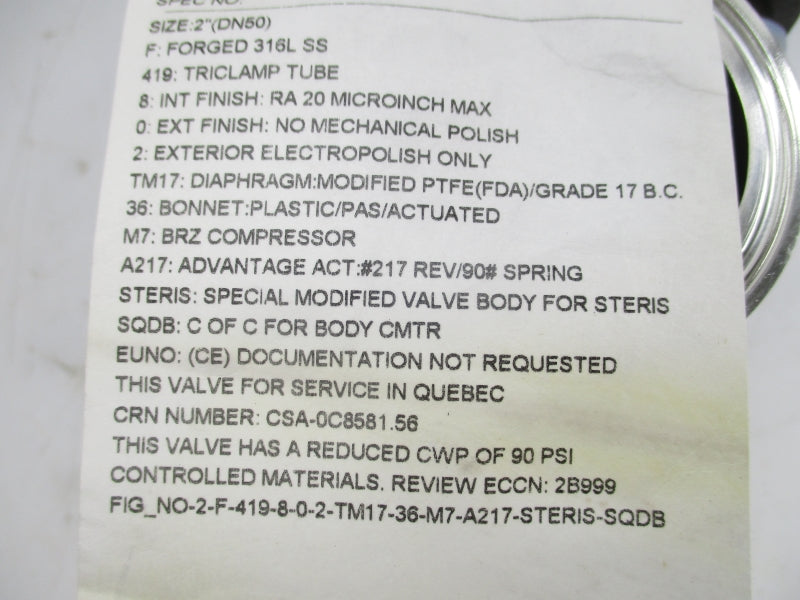 ITT 2-F-419-8-0-2-TM17-36-M7-A217-STERIS-SQDB 2" NSMP