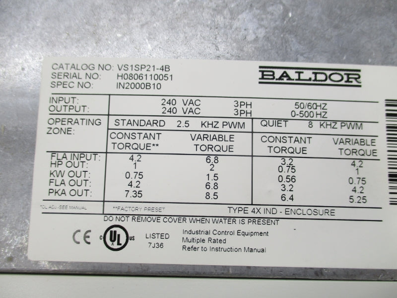 BALDOR VS1SP21-4B 240VAC NSMP