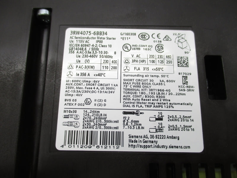 SIEMENS 3RW4075-6BB34 600V 131-356A NSMP