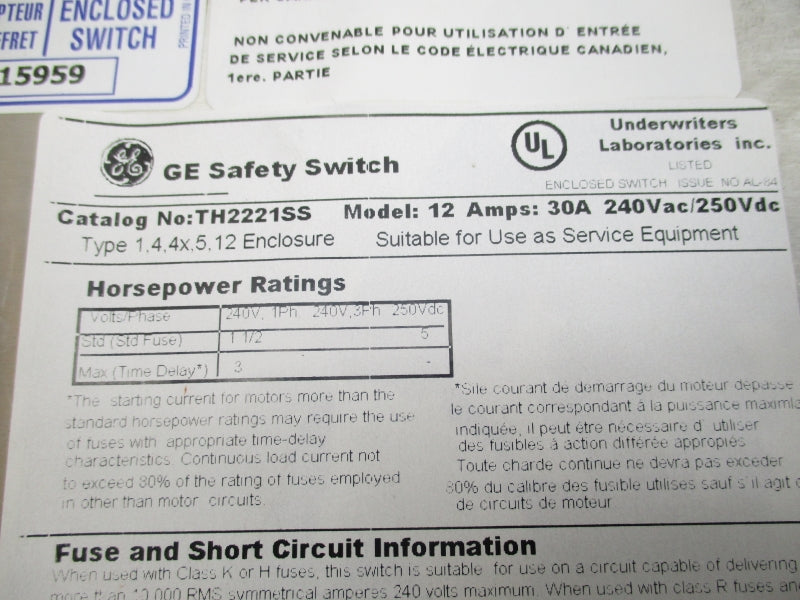 GENERAL ELECTRIC TH2221SS 240V 30A NSMP