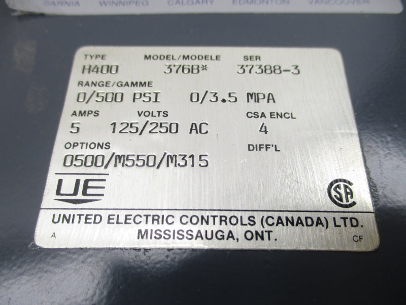 UNITED ELECTRIC H400-376B 125/250VAC 5A 0/500PSI NSMP