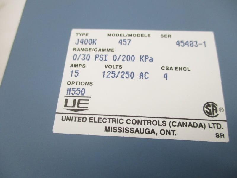 UNITED ELECTRIC J400K-457 125/250VAC 15A 0/30PSI NSMP