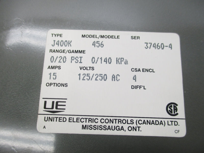 UNITED ELECTRIC J400K-456 125/250VAC 15A 0/20PSI NSMP