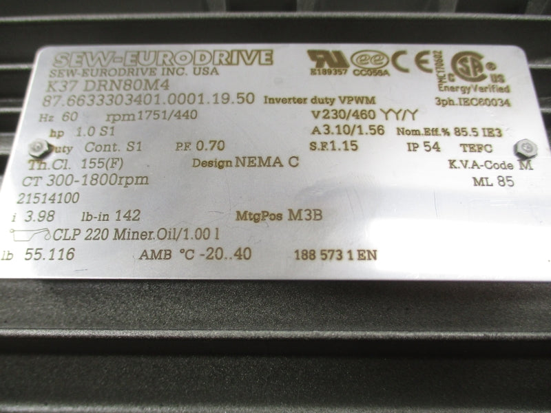 SEW-EURODRIVE K37DRN80MA 230/460V 3.10/1.56A NSMP