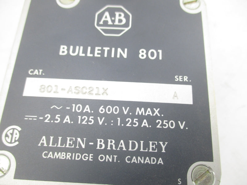 ALLEN BRADLEY 801-ASC21X SER. A 600V 10A (BR/YL) NSMP