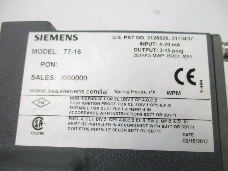 SIEMENS 77-16 15VDC 3-15PSI NSMP