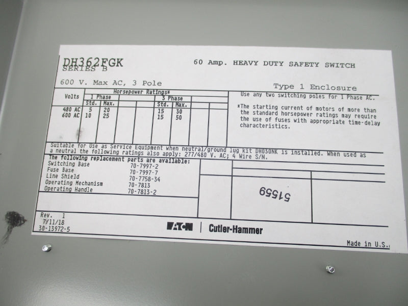 EATON DH362FGK SER. B 600VAC 60A NSMP