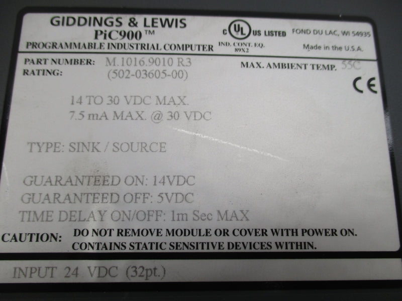 GIDDINGS & LEWIS M.1016.9010R3 502-03605-00 24VDC (NO COVER) UNMP