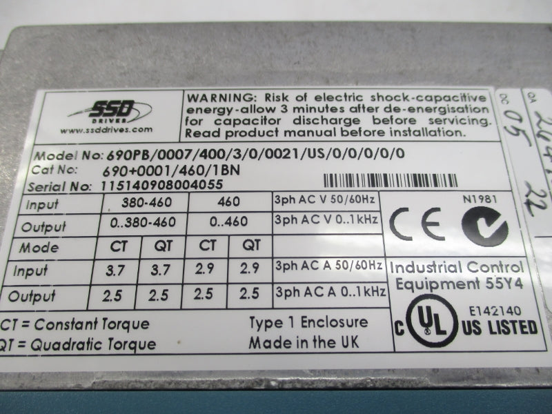 SSD DRIVES 690PB/0007/400/3/0/0021/US/0/0/0/0/0 690+0001/460/1BN 380-460VAC 3.7-2.9AAC NSMP