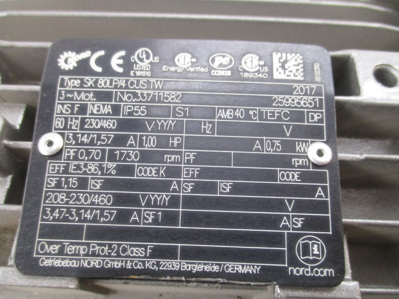 NORD SK9012.1-80LP/4CUSTW SK80LP/4CUSTW 230/460V 3.14/1.57A (AS PICTURED) NSNP