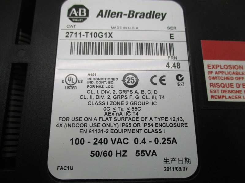 ALLEN BRADLEY 2711-T10G1X SER. E F/W 4.48 100-240VAC 0.4-0.25A REMAN