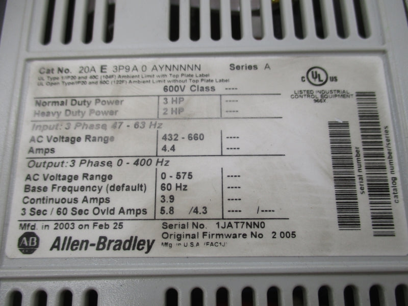 ALLEN BRADLEY 20AE3P9A0AYNNNNN SER. A F/W 2.005 432-660VAC 4.4A UNMP