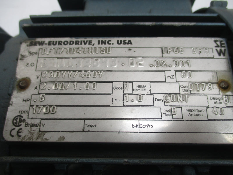 SEW-EURODRIVE DFT71D4THISU R37DT71D4THISU 230/460V 2.00/1.00A NSNP