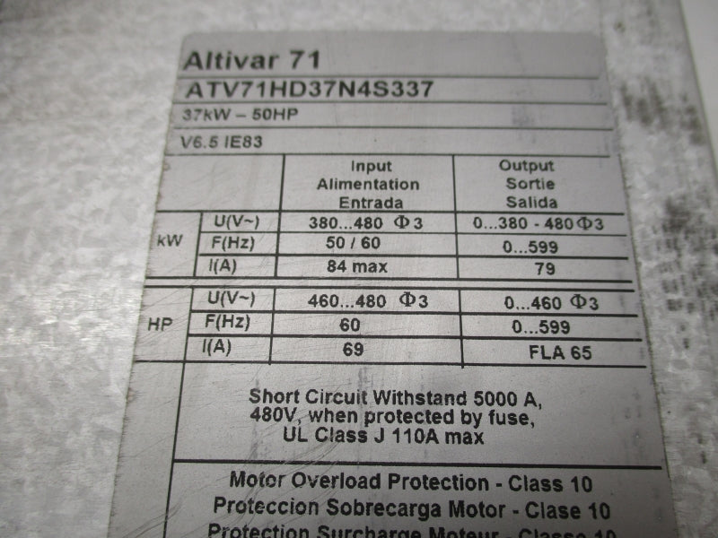 SCHNEIDER ELECTRIC ATV71HD37N4S337 380-480V 84A UNMP