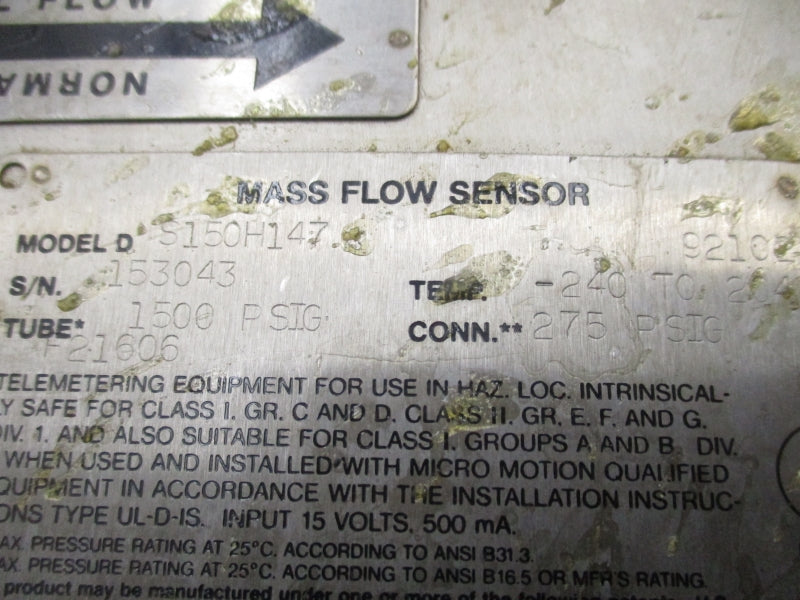MICRO MOTION DS150H147 1500PSI UNMP