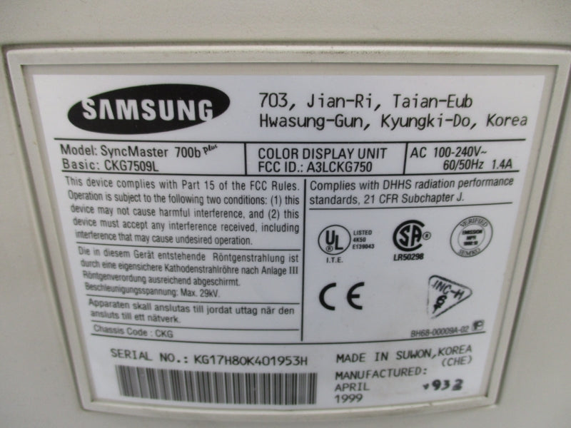 SAMSUNG CKG7509L SYNCMASTER 700B PLUS 100-240VAC 1.4A UNMP