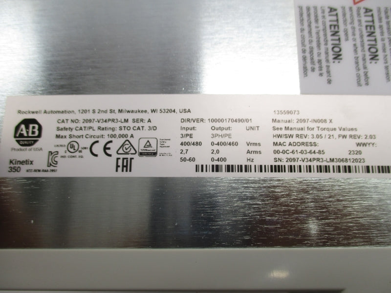 ALLEN BRADLEY 2097-V34PR3-LM SER. A F/W 2.03 400/480VAC 2.7A NSMP