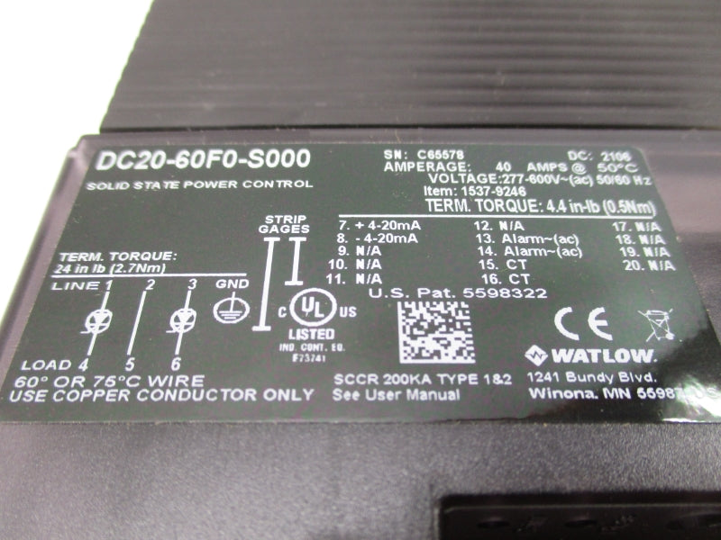 WATLOW DC20-60F0-S000 1537-9246 277-600VAC 40A NSMP