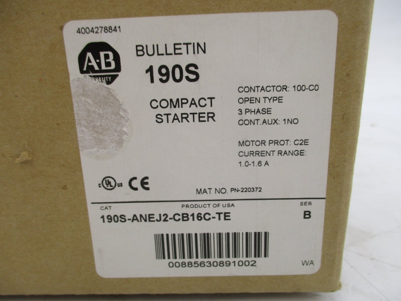 ALLEN BRADLEY 190S-ANEJ2-CB16C-TE SER. B 24VDC 1.0-1.6A (BR/WH) NSMP