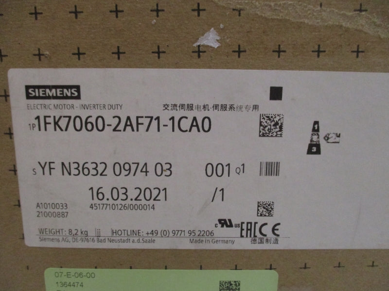 SIEMENS 1FK7060-2AF71-1CA0 257V 3.7A NSMP