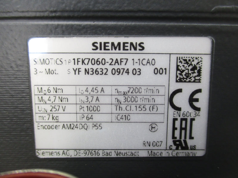 SIEMENS 1FK7060-2AF71-1CA0 257V 3.7A NSMP