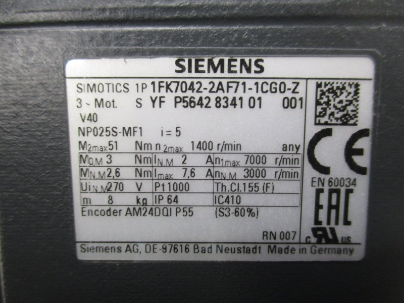 SIEMENS 1FK7042-2AF71-1CG0-Z 270V 7.6A NSMP