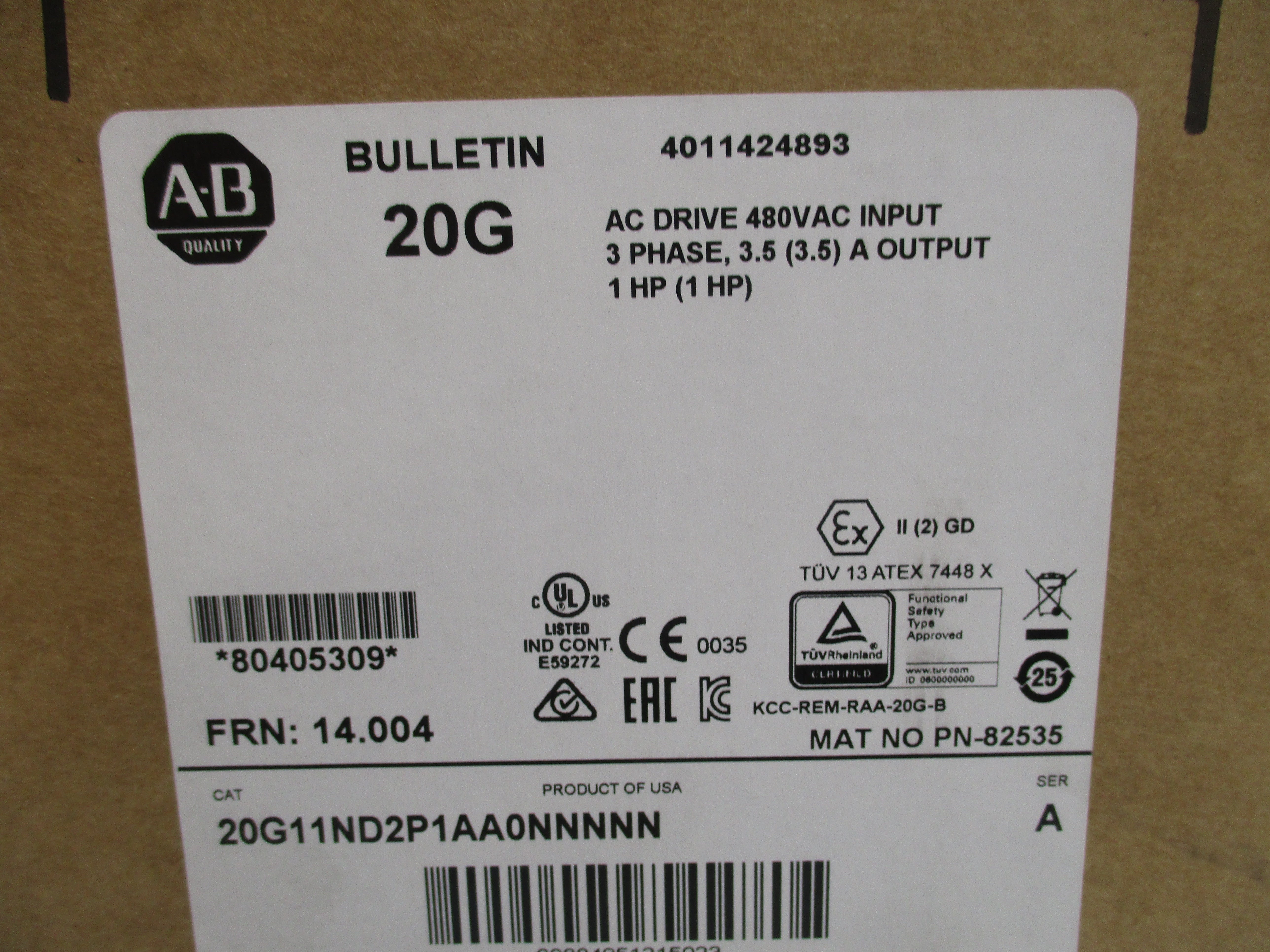 ALLEN BRADLEY 20G11ND2P1AA0NNNNN SER. A F/W 14.004 480VAC 3.5A NSMP