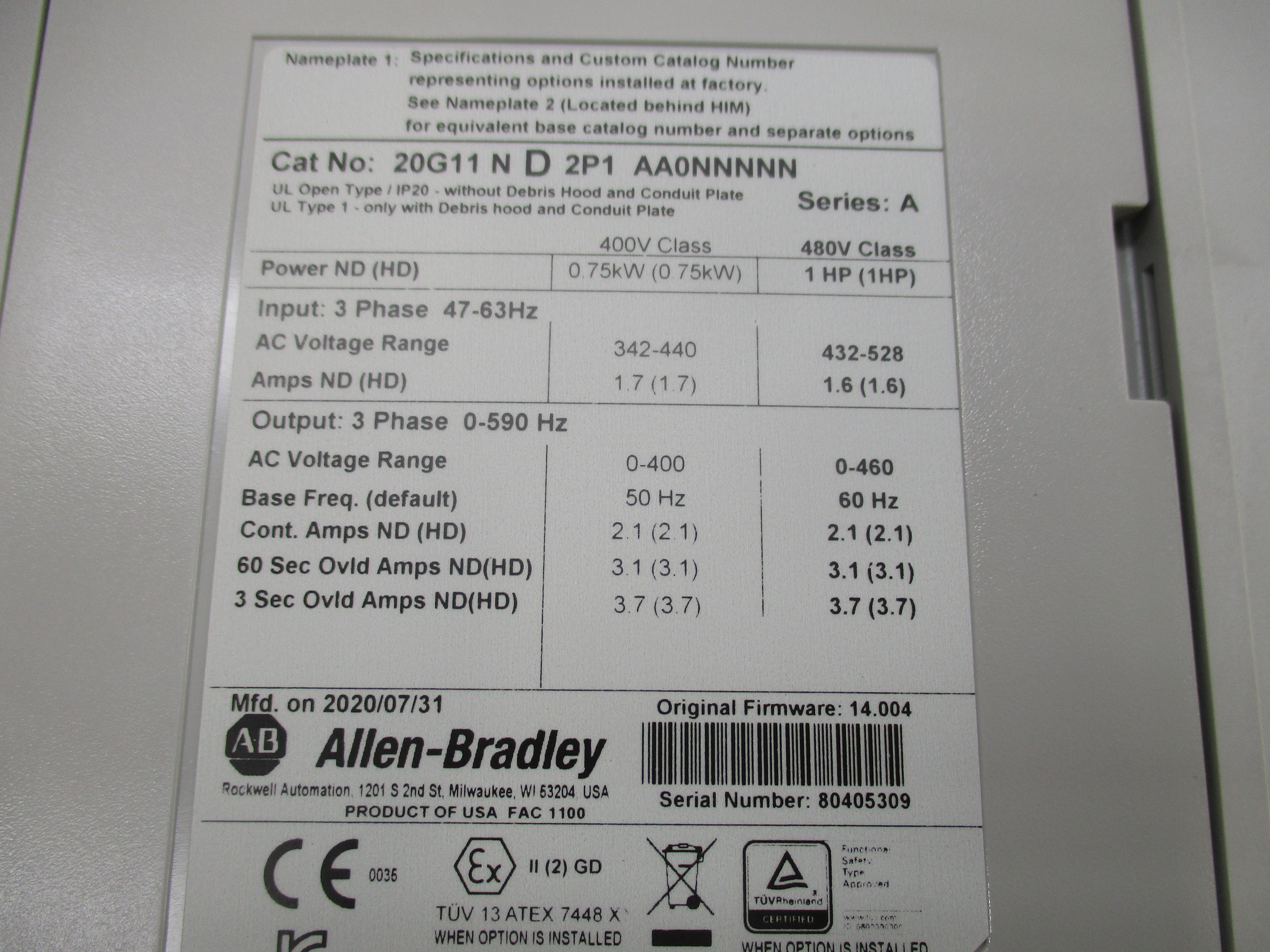 ALLEN BRADLEY 20G11ND2P1AA0NNNNN SER. A F/W 14.004 480VAC 3.5A NSMP
