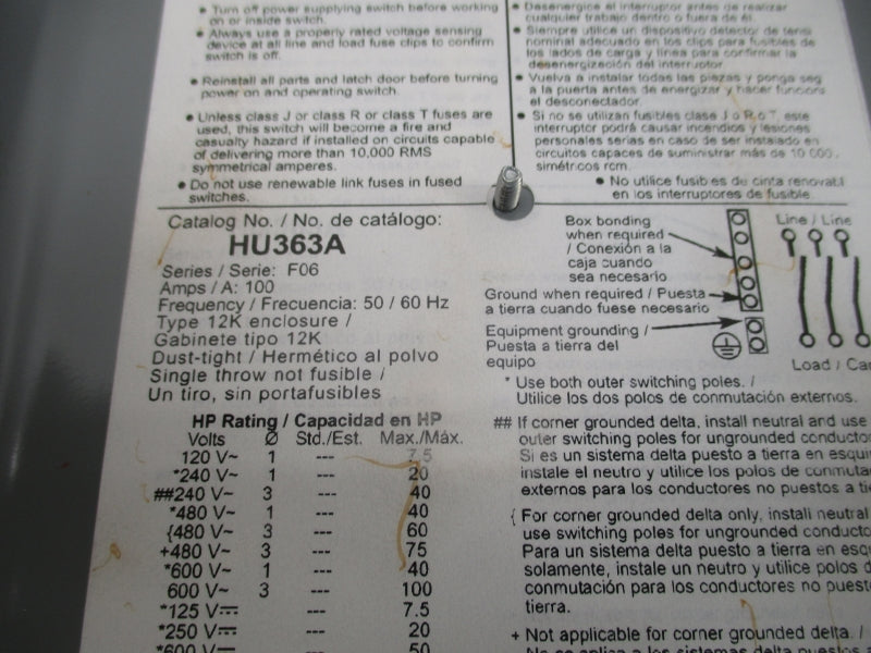 SQUARE D HU363A SER. F06 600V 100A NSMP