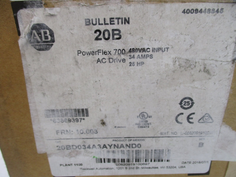 ALLEN BRADLEY 20BD034A3AYNAND0 SER. B F/W 10.003 432-528VAC 31.2A NSMP