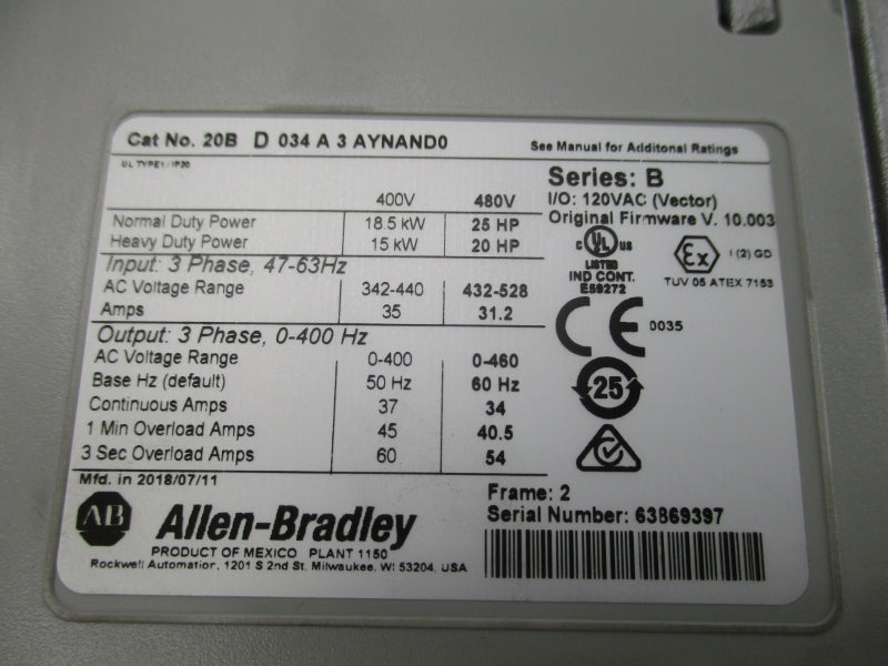 ALLEN BRADLEY 20BD034A3AYNAND0 SER. B F/W 10.003 432-528VAC 31.2A NSMP