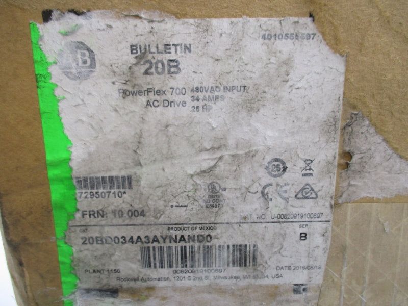 ALLEN BRADLEY 20BD034A3AYNAND0 SER. B F/W 10.004 432-528VAC 31.2A NSMP