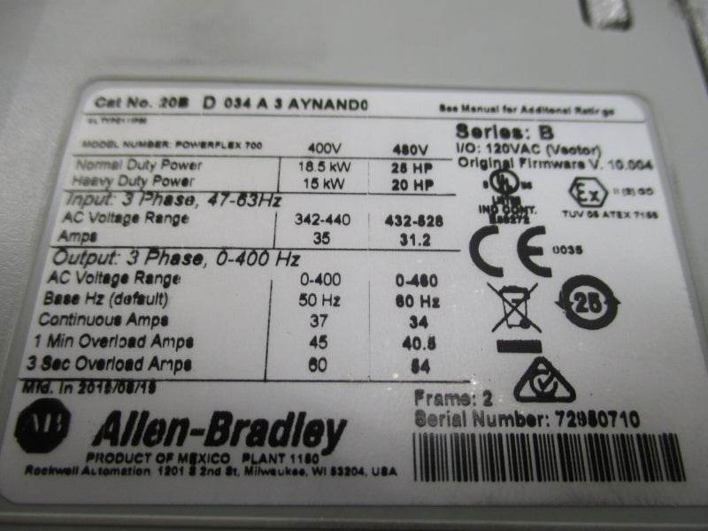 ALLEN BRADLEY 20BD034A3AYNAND0 SER. B F/W 10.004 432-528VAC 31.2A NSMP