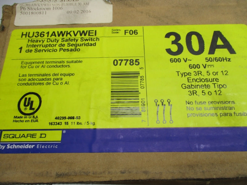 SQUARE D HU361AWKVWEI SER. F06 600V 30A NSFS