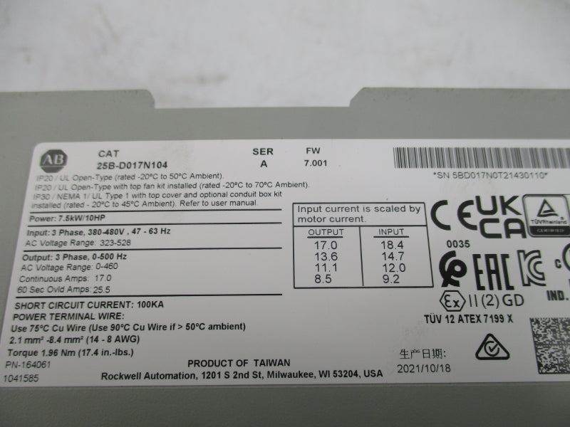 ALLEN BRADLEY 25B-D017N104 SER. A F/W 7.001 323-528VAC 25.5A NSNP
