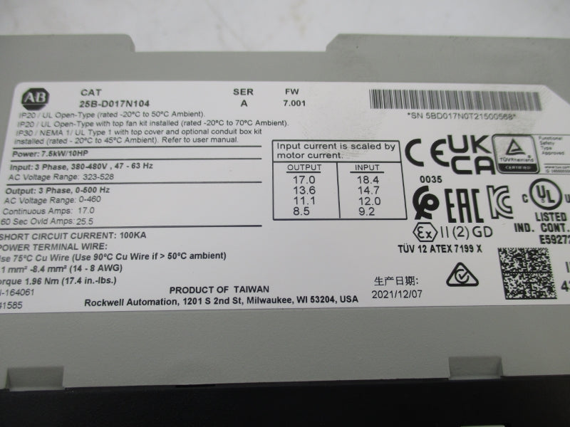 ALLEN BRADLEY 25B-D017N104 SER. A F/W 7.001 323-528VAC 17.0A NSMP