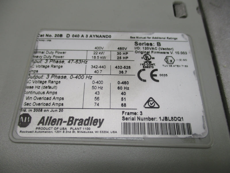 ALLEN BRADLEY 20BD040A3AYNAND0 SER. B F/W 10.003 432-528VAC 36.7A REMAN