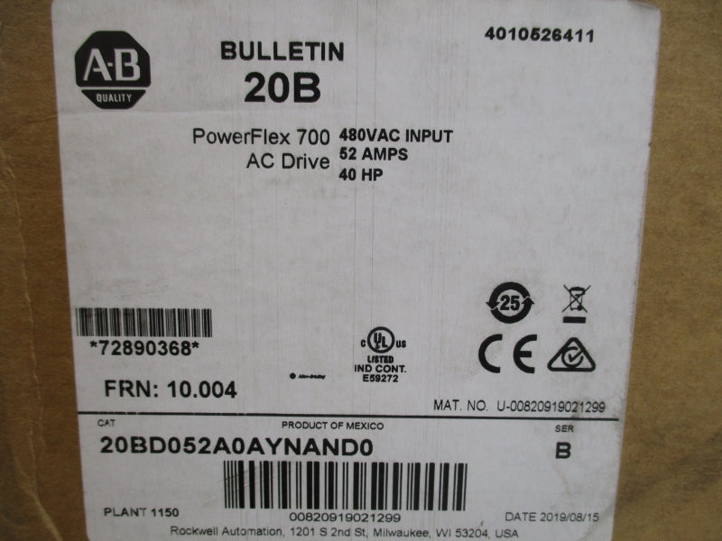 ALLEN BRADLEY 20BD052A0AYNAND0 SER. B F/W 10.004 432-528VAC 47.7A NSMP