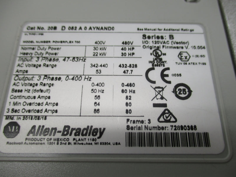 ALLEN BRADLEY 20BD052A0AYNAND0 SER. B F/W 10.004 432-528VAC 47.7A NSMP