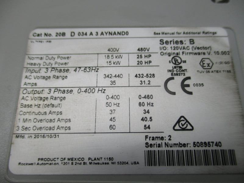 ALLEN BRADLEY 20BD034A3AYNAND0 SER. B F/W 10.002 432-528VAC 31.2A NSNP
