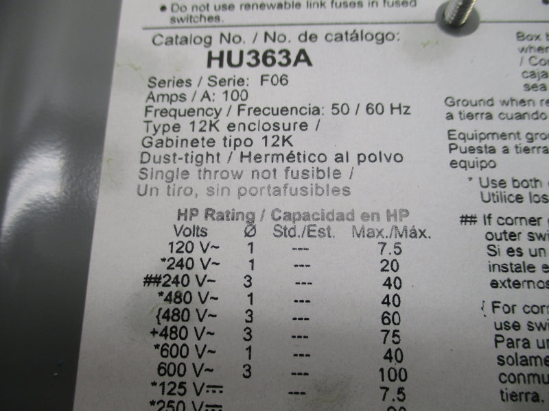 SQUARE D HU363A SER. F06 600VAC 100A NSNP