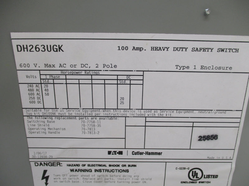 CUTLER HAMMER DH263UGK 600V 100A NSNP