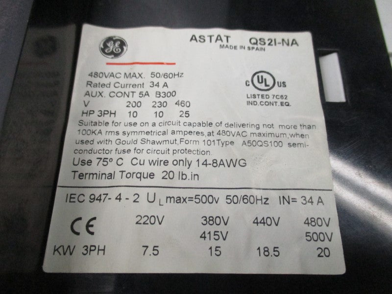 GENERAL ELECTRIC QS2I-NA 480VAC 34A UNMP
