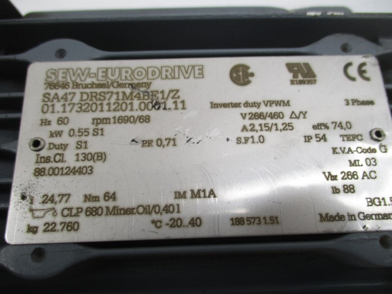 SEW-EURODRIVE SA47DRS71M4BE1/Z 266/460V 2.15/1.25A NSNP