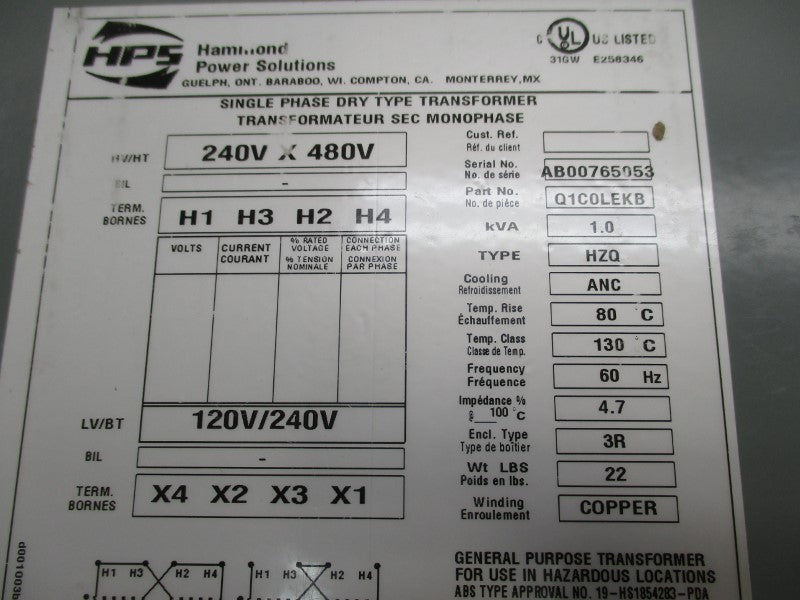 HAMMOND POWER SOLUTIONS Q1C0LEKB 240/480V NSMP