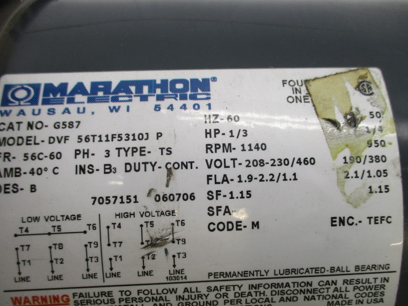 MARATHON ELECTRIC 56T11F5310 G587 460V 1.1A NSMP