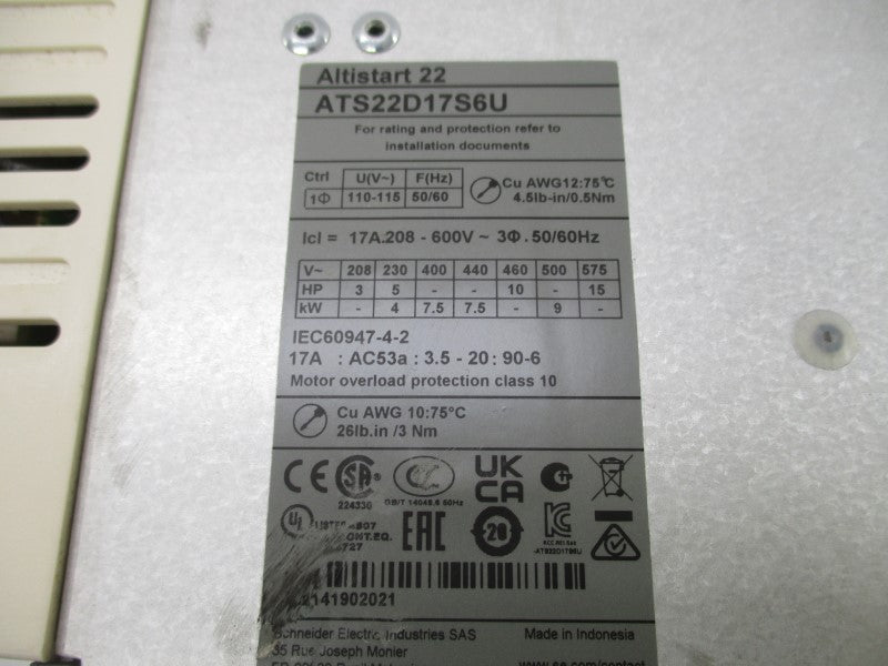 SCHNEIDER ELECTRIC ATS22D17S6U 208-600V 17A NSNP