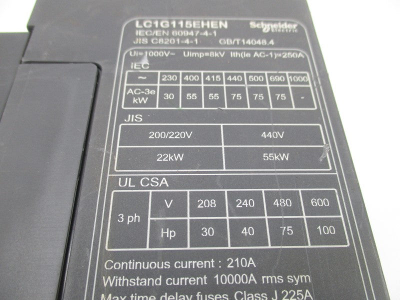 SCHNEIDER ELECTRIC LC1G115EHEN 440V 250A (NO COVER) NSNP