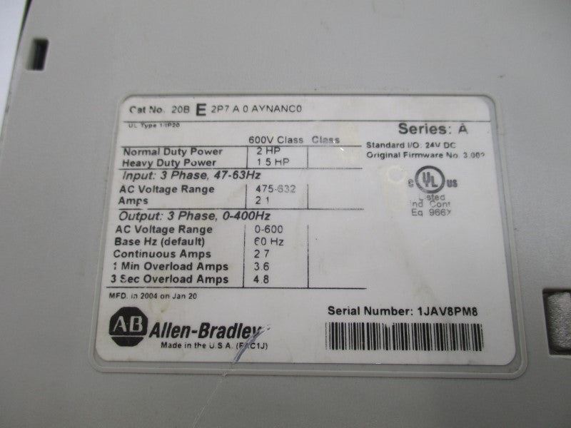 ALLEN BRADLEY 20BE2P7A0AYNANC0 SER. A F/W 3.002 475-632VAC 2.1A UNMP